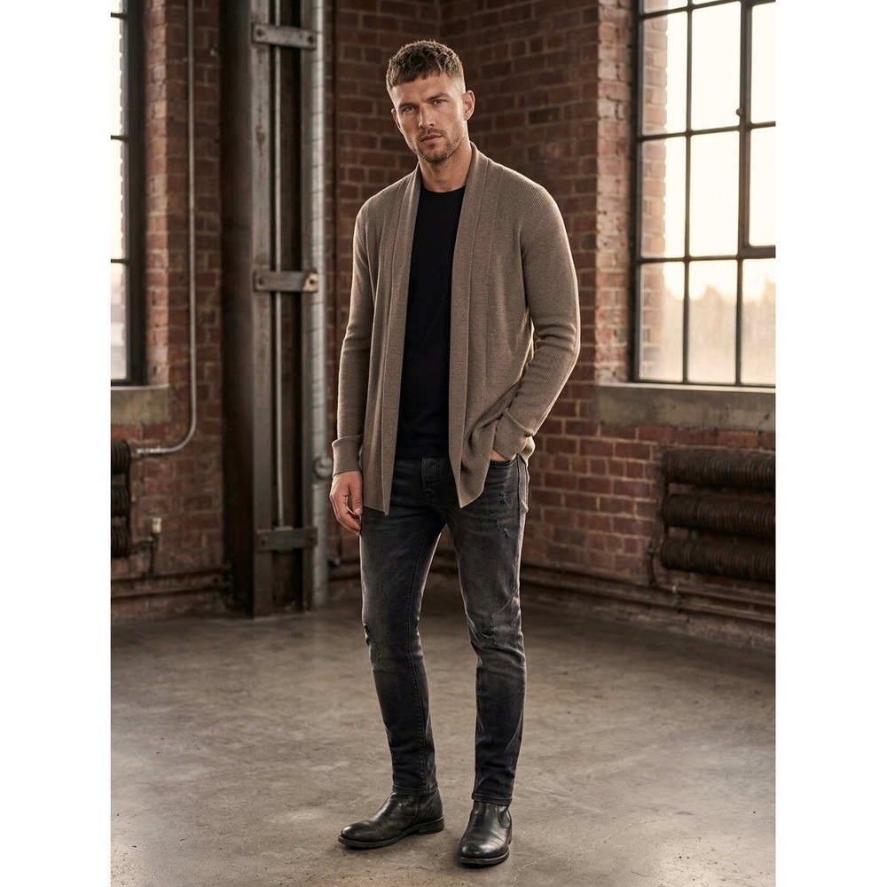 AllSaints Mode Merino Open Cardigan Mens Large Taupe Brown Wool Knit Sweater